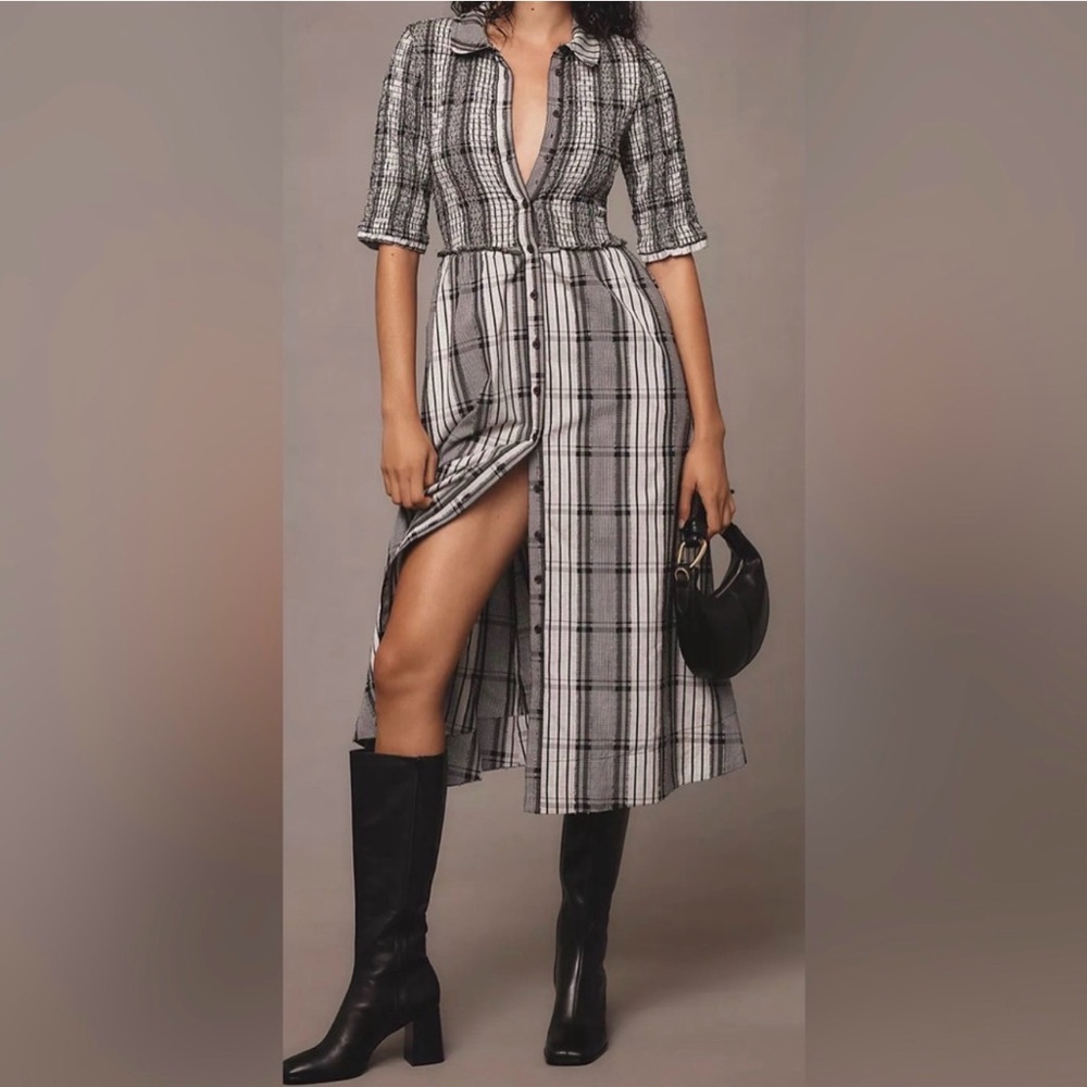 Maeve by Anthropologie Black and White Ruched Bodice Plaid Maxi Dress